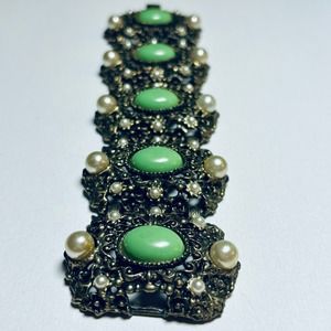 Chunky Green Stone Faux Pearl Vintage Link Bracelet